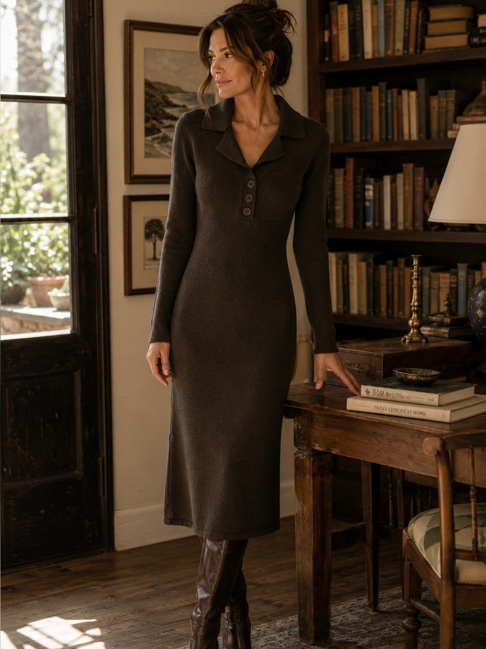 Nicole Miller New York Brown Medium Knit Midi Sweater Dress Collared Preppy